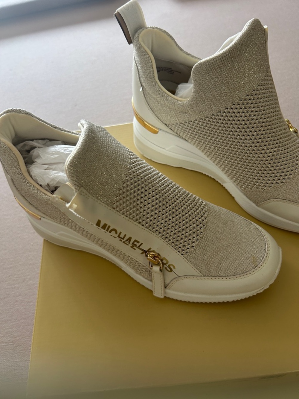 Michael Kors Cream Knit Slip-On Platform Sneakers with Gold Accents